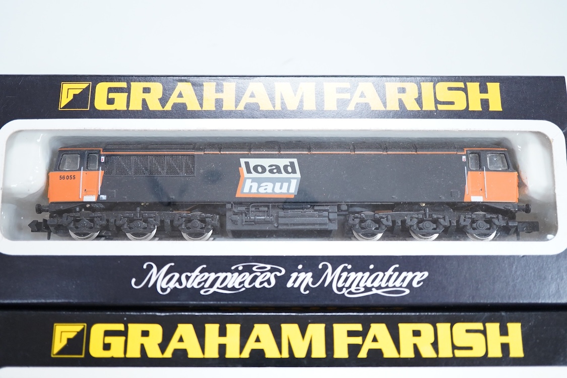 Four boxed Graham Farish N gauge railway class 56 diesel locomotives; a Load Haul, 56055, (805D), an EWS, British Fuels 56057 (805E), a Coal Sector, 56 092, (8057) and a Construction Sector, 56 059 (8056).